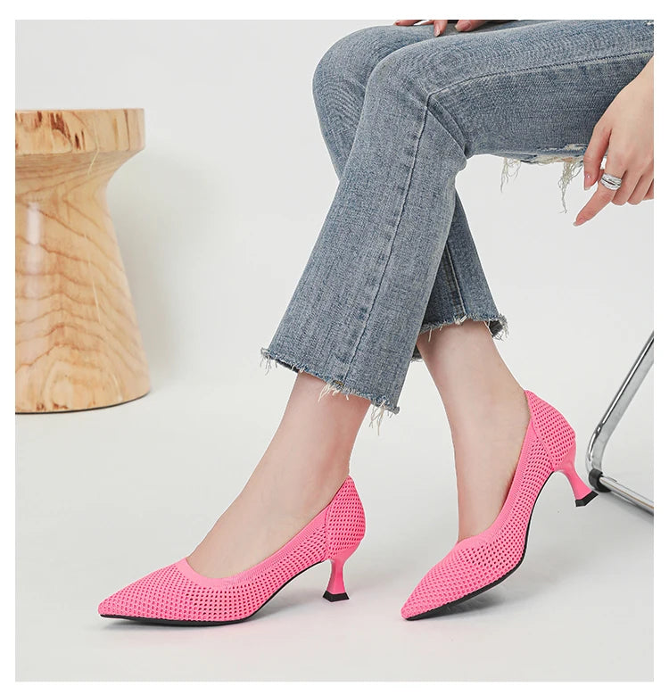 2024 New Summer Women's High Heels with Hollow Mesh Knitted Breathable Shoes (6cm High)