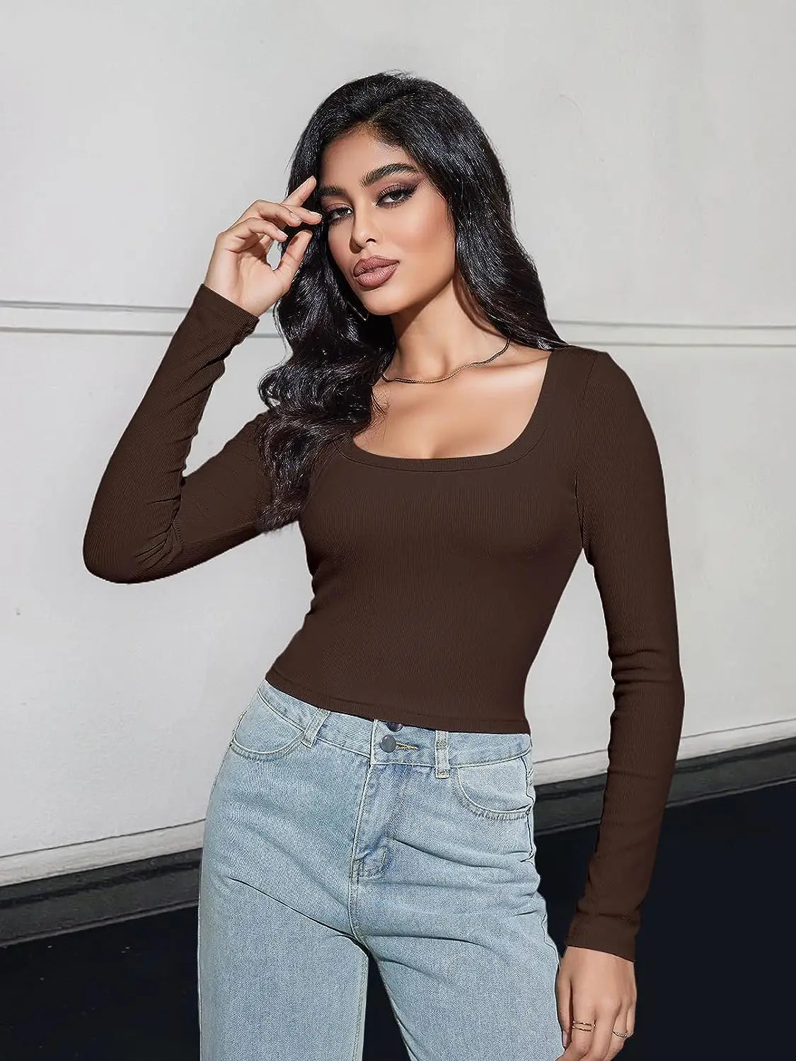 Women's Long Sleeve Square Neck Crop Top Ribbed Slim Fitted Y2K Casual T-Shirt Tops - reetell