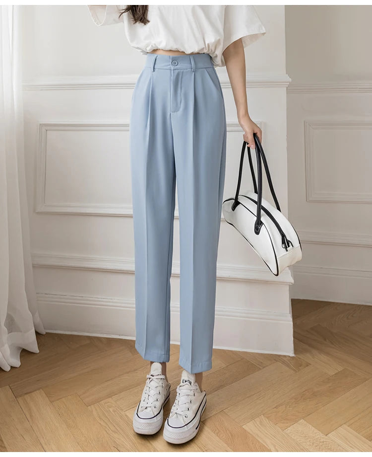 Chic High Waist Pants Women 2024 Spring Summer Casual Loose Solid Straight Trouser Office Ladies Work Nine Points Suit Pant New - reetell