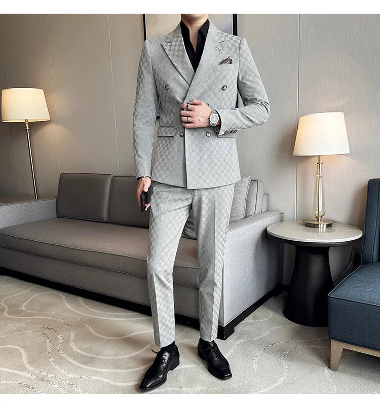 (Jacket+Pants) 2 Pieces Blue Apricot Business Party Men Suits Double Breasted Formal Style Custom Made Wedding Groom Tuxedos - reetell