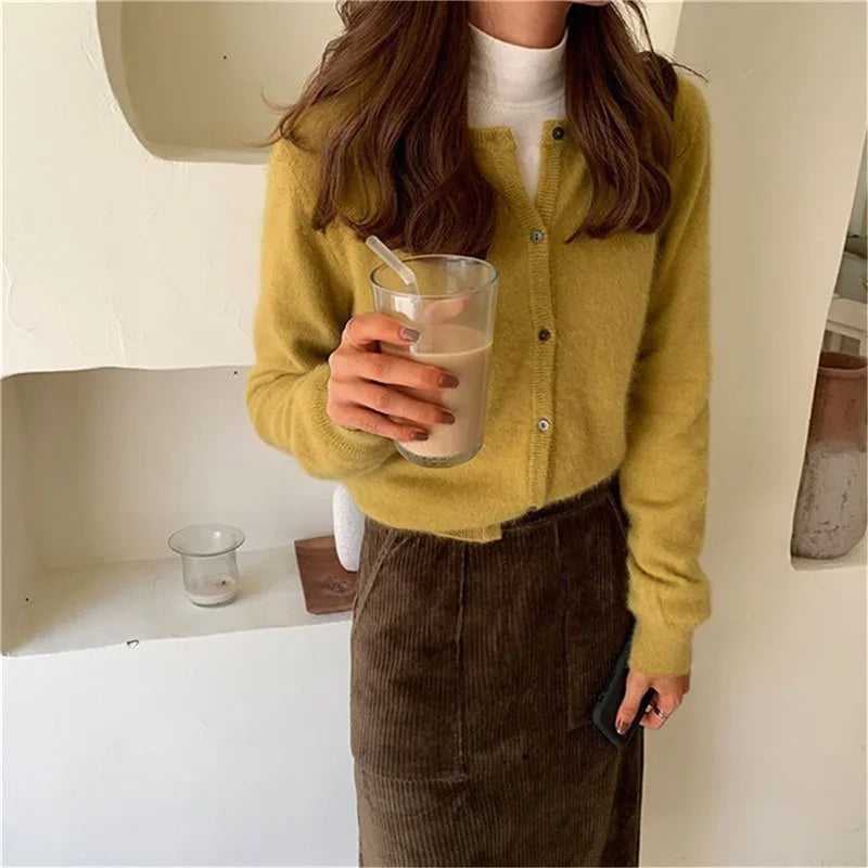 Solid Color Knitted Cardigan Women Korean Single Breasted Long Sleeve Jumper Woman Round Neck All Match Cardigans Outwear 2024 - reetell