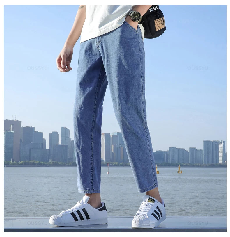 2024 New Men's Stretch Ankle Length Jeans Light blue Fashion Casual Cotton Slim Fit Denim Pants Korean Trousers Male Brand Cloth - reetell