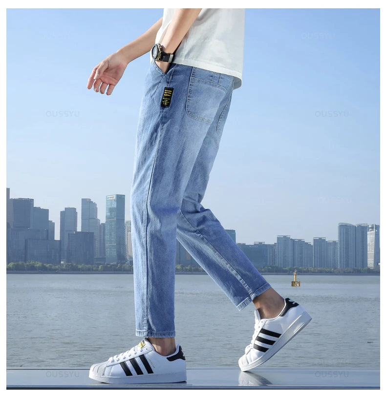 2024 New Men's Stretch Ankle Length Jeans Light blue Fashion Casual Cotton Slim Fit Denim Pants Korean Trousers Male Brand Cloth - reetell