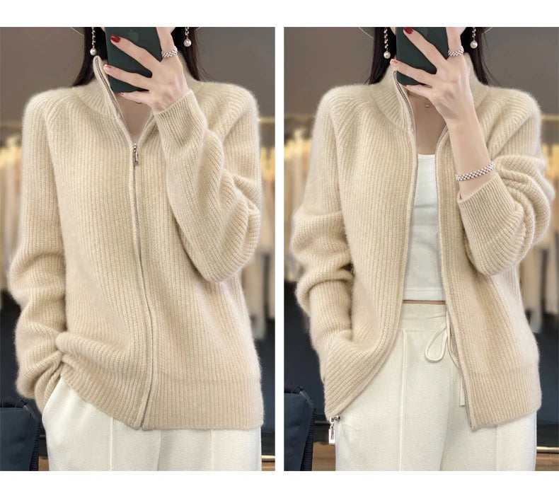 100% Pure Wool Zipper Cardigan Padded Shoulder Stand Collar Women's Cashmere Knitted Coat New Lapel Sweater - reetell