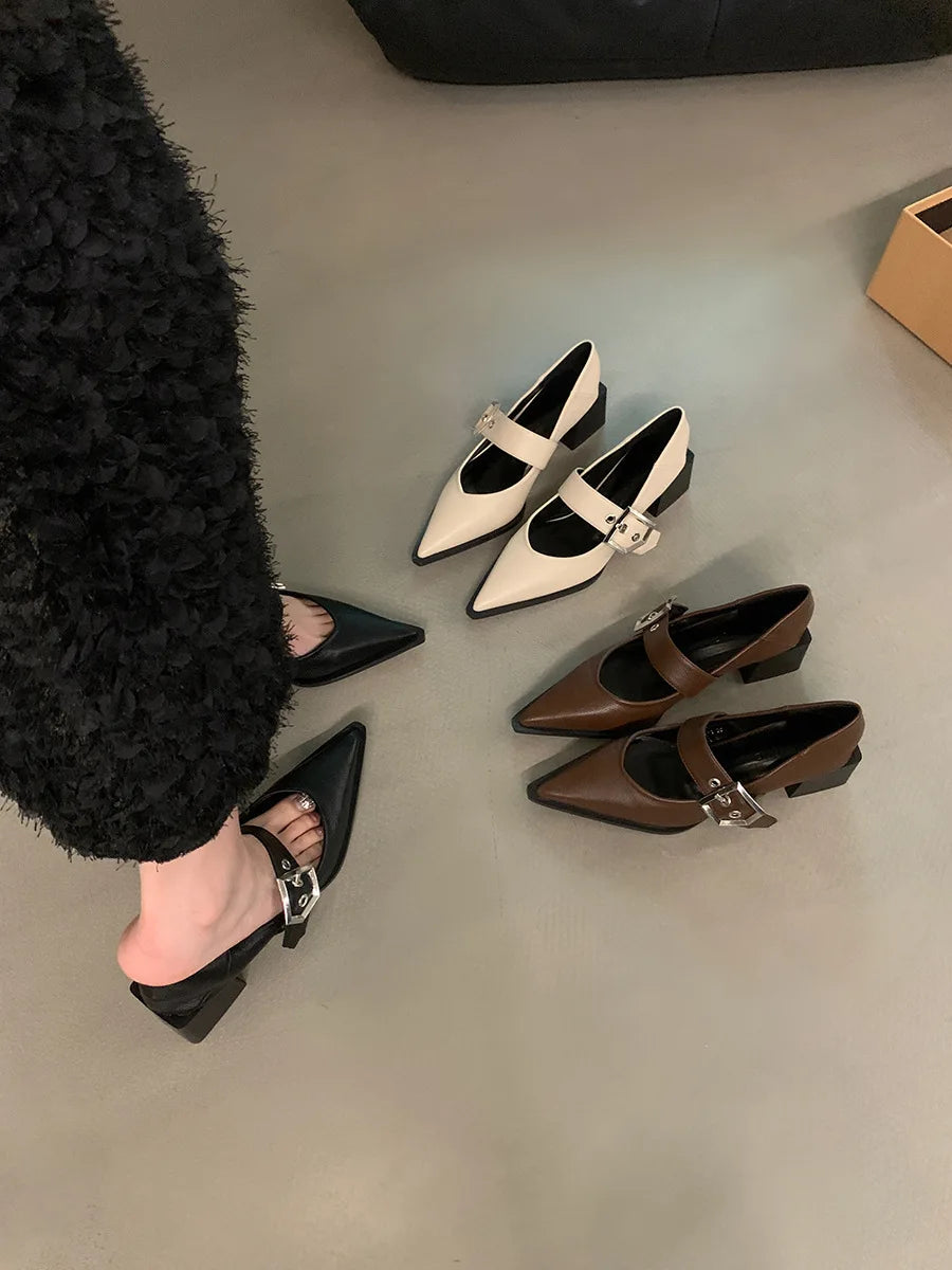 Retro Pointed Mary Jane Small Leather Shoes for Women 2024 Autumn and Winter New Korean Version of Chunky Heel Loafers