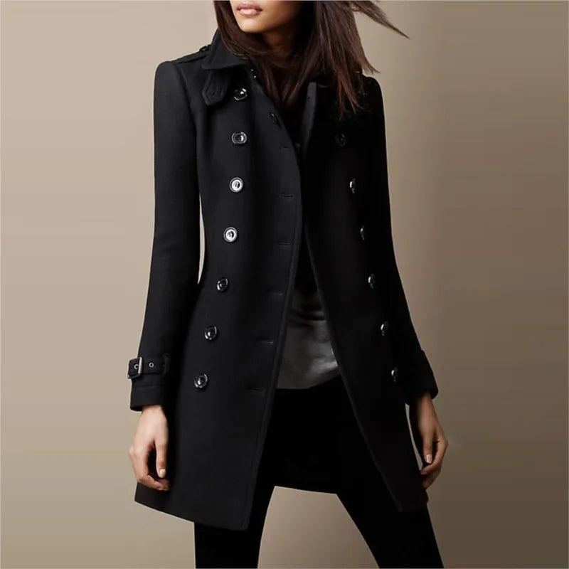 Autumn Winter Turn-down Neck Woolen Jacket Coat Women Fashion Black Long Sleeve Double Breasted  Loose Wool Coats Streetwear - reetell