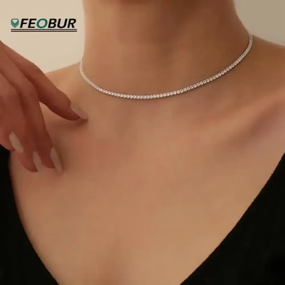 FEOBUR 2mm D Color Moissanite Tennis Choker Necklace for Women S925 Silver Plated 18K Gold Adjustable Full Diamond Neck Chain