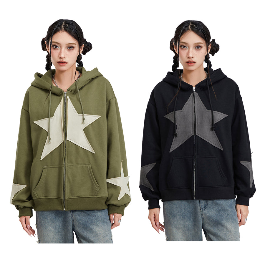 wsevypo Grunge Retro Star Print Hoodies Autumn Women's Long Sleeve Zip-up Hooded Sweatshirts with Front Pocket Street Outwear - reetell