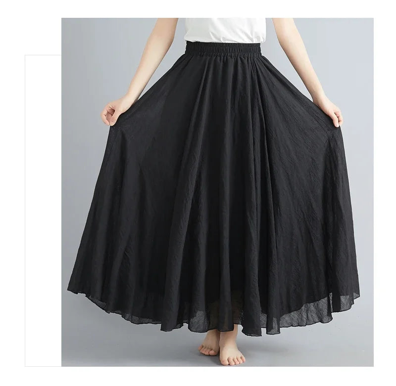 Solid Cotton Linen Women Skirts Maxi Ethnic Style Beach Saia Ropa Mujer Casual Harajuku Boho Long Skirt Woman Clothing Faldas - reetell