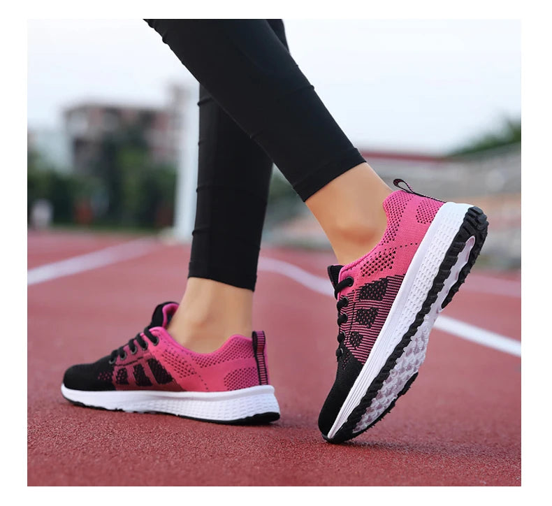 Women Casual Shoes Breathable Walking Mesh Lace Up Flat Shoes Sneakers Women Tenis Feminino Pink Black White - reetell