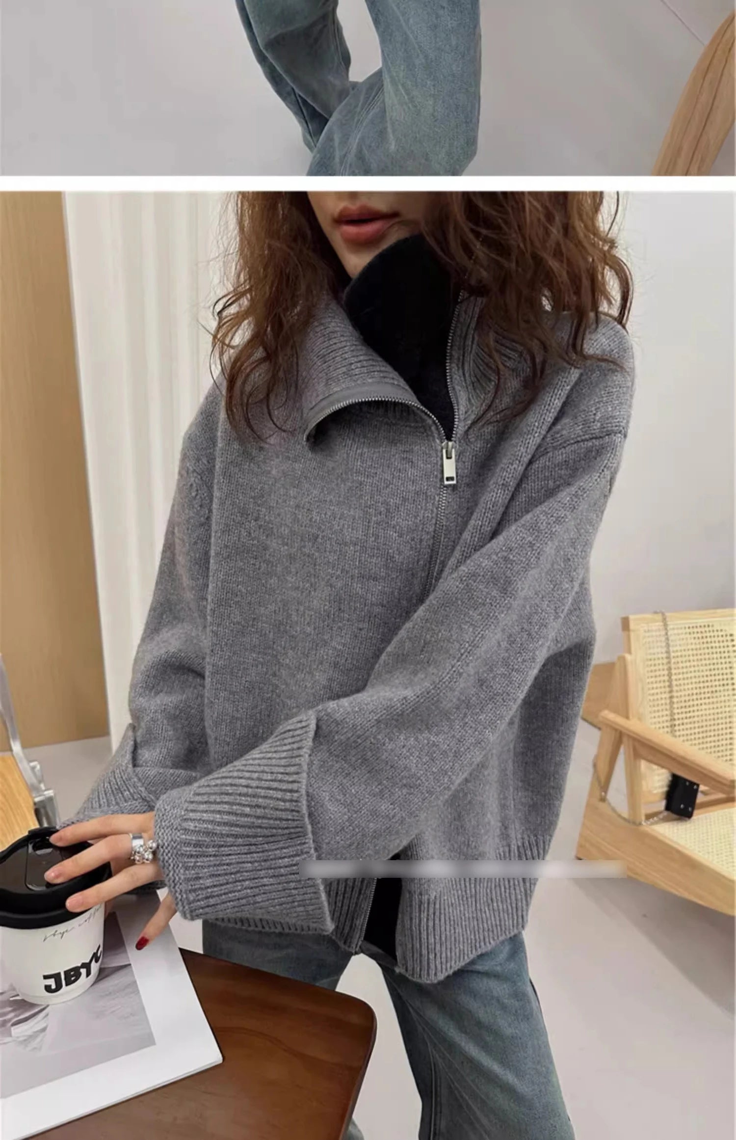 European turtleneck zipper 100% cashmere cardigan women's autumn and winter high-end loose thick wool knit sweater coat - reetell