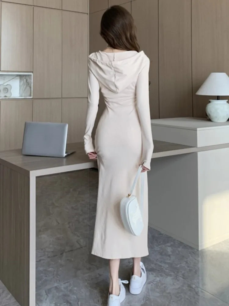 Autumn Fashion Solid Hooded Party Dresses for Women Elegant Birthday Evening Dress Female Sweatshirt Slit Midi Vestidos Mujer - reetell