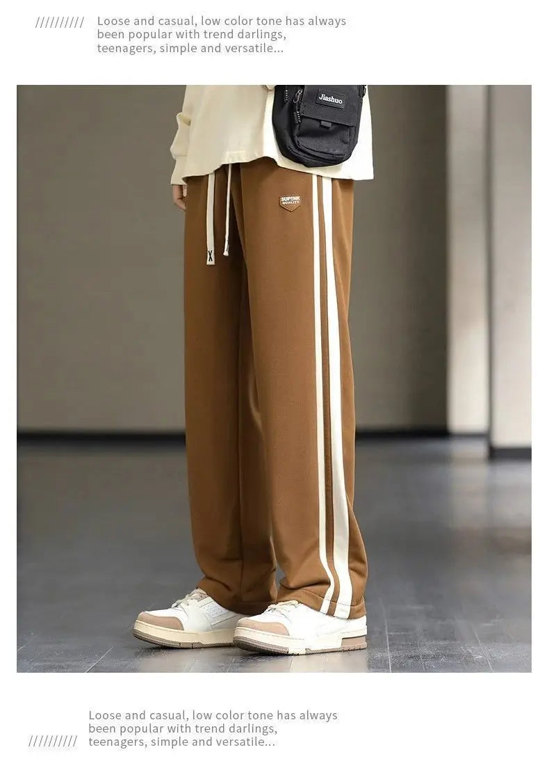 Spring Autumn Elastic Waist Fashion Straight Pants Man High Street Contrast Color Casual Pockets Drawstring All-match Trousers - reetell