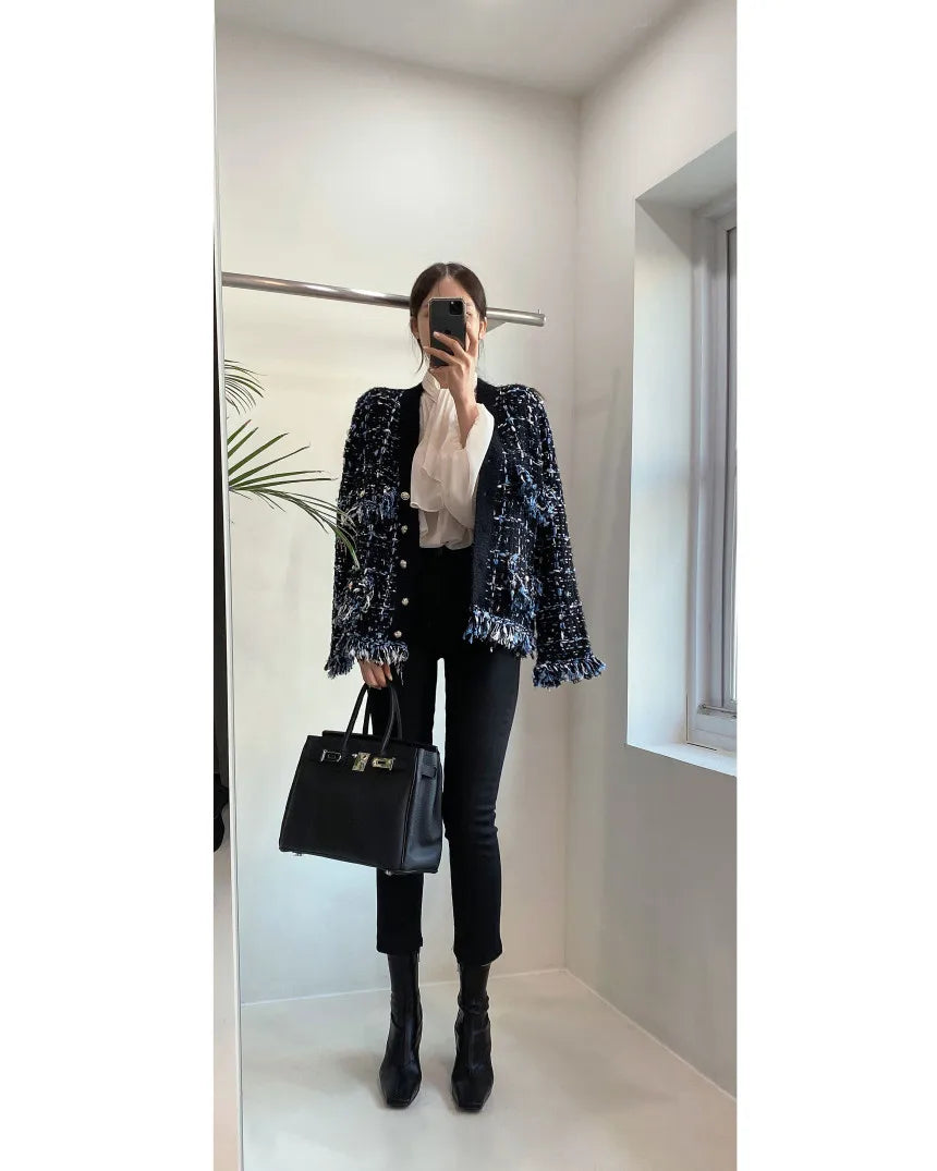 Korea Chic Autumn Winter V-Neck Tassel Wool Mixed Color Knitted Cardigan Coat Women's Loose Long Sleeve Sweater Knitwear 2023 - reetell