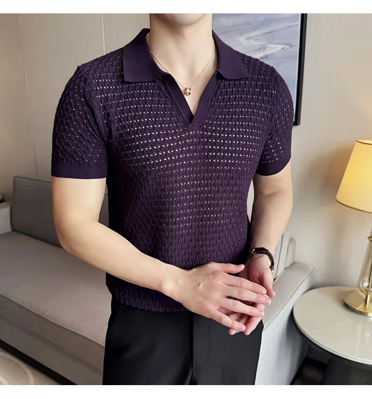 Men's Polo Shirt 2024 Summer New Light and Thin Knitted Hollow Solid Color Casual Short Sleeved V-neck T-shirt Men's Clothing