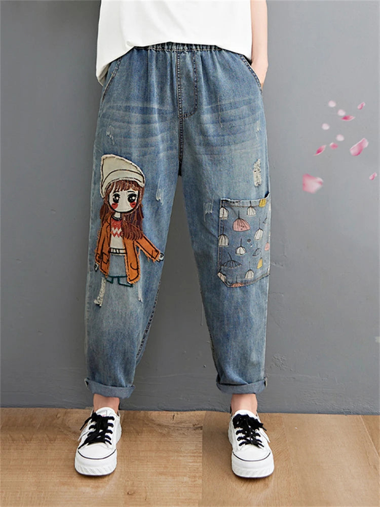 6537 Cartoon Litter Girl Embroidery Denim Pants For Women Trendy Hole Casual High Waist Breeches Pockets Mom Harem Blue Jeans - reetell