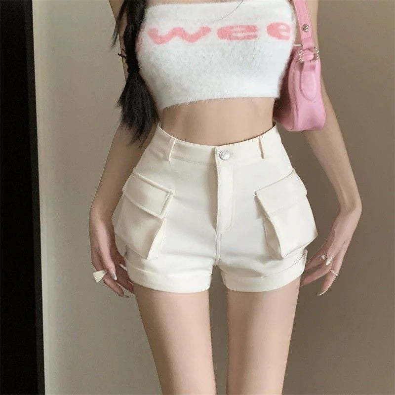 Zoki Korean Casual Cargo Shorts Women Pockets High Waist Streetwear Shorts Summer All Match Lady Simple Solid Slim Cargo Shorts - reetell