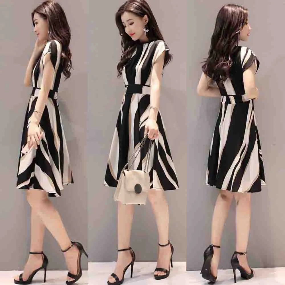 Women's Summer A Line Striped Fashion Knee Length Dress Short Sleeve O-Neck Regular Fit Ladies Casual Dresses - reetell