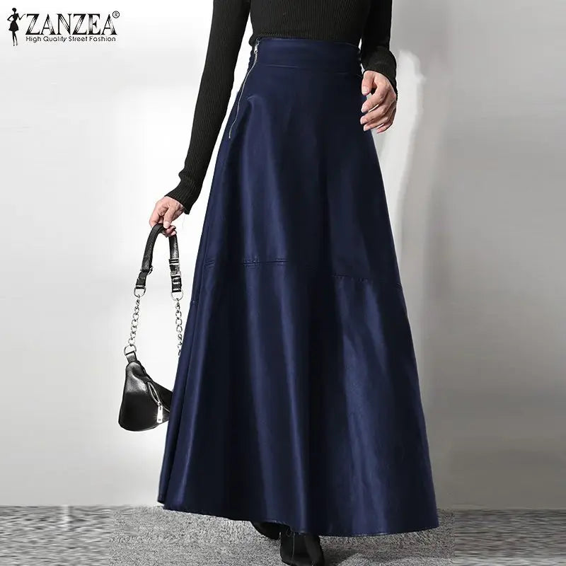 2023 Fashion Solid Mujer Faldas ZANZEA PU Leather Maxi Skirts Women's Elegant OL Long Saias Casual High Waist Zipper Jupe Femme - reetell