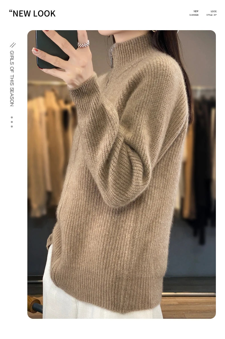 100% Pure Wool Zipper Cardigan Padded Shoulder Stand Collar Women's Cashmere Knitted Coat New Lapel Sweater - reetell