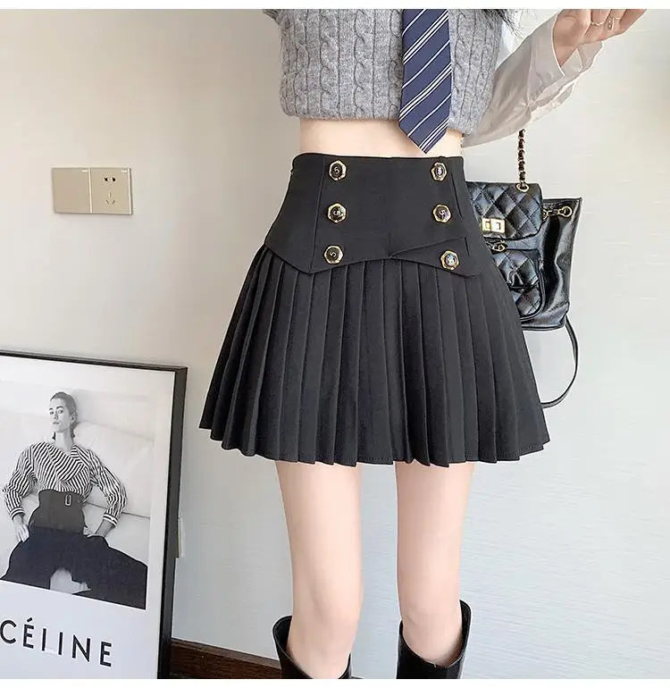 Pleated Skirt New Spring Autumn All-match Buttons Solid Color High Waist A-line Skirt Femme Preppy Style Pleated Trend Skirts - reetell