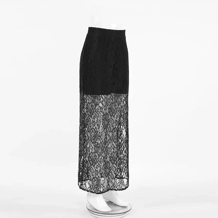 Wolfeel Elegant Ankle-Length Perspective Lace Skirts Black High Waist Women Long Skirt Summer Office Chic Ladies  Lace Skirt - reetell