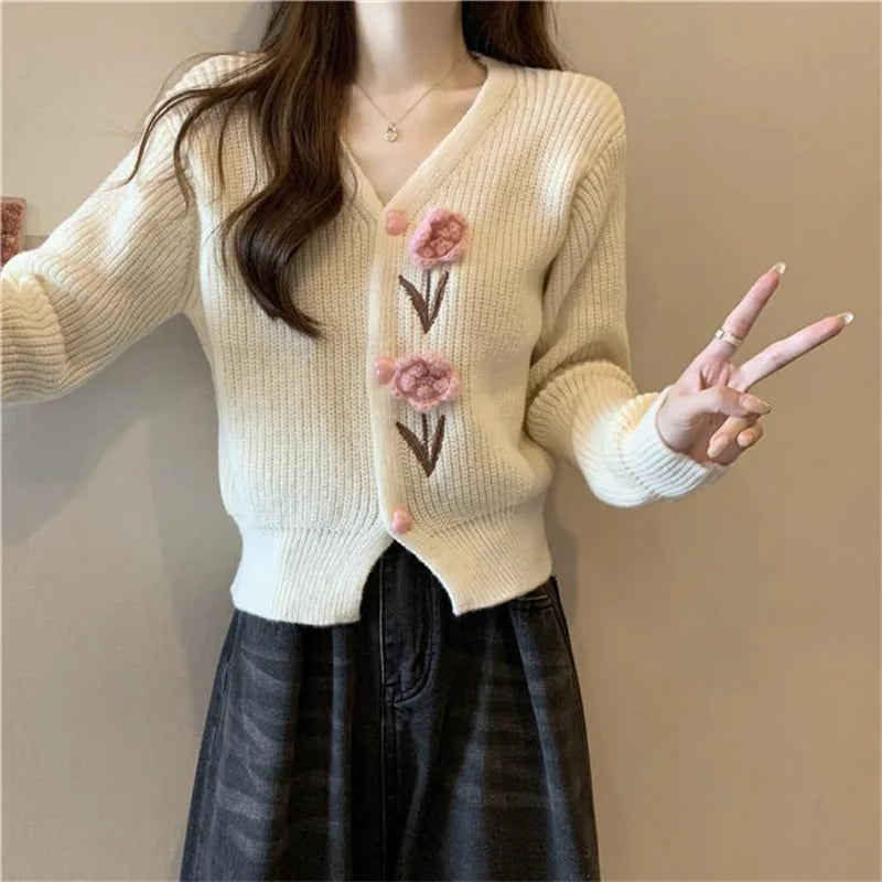 Heavy Industry Beautiful Flowers Knitted Cardigan Sweater Women Slim In Autumn And Winter With Small Cardigan V-neck Short Coat - reetell