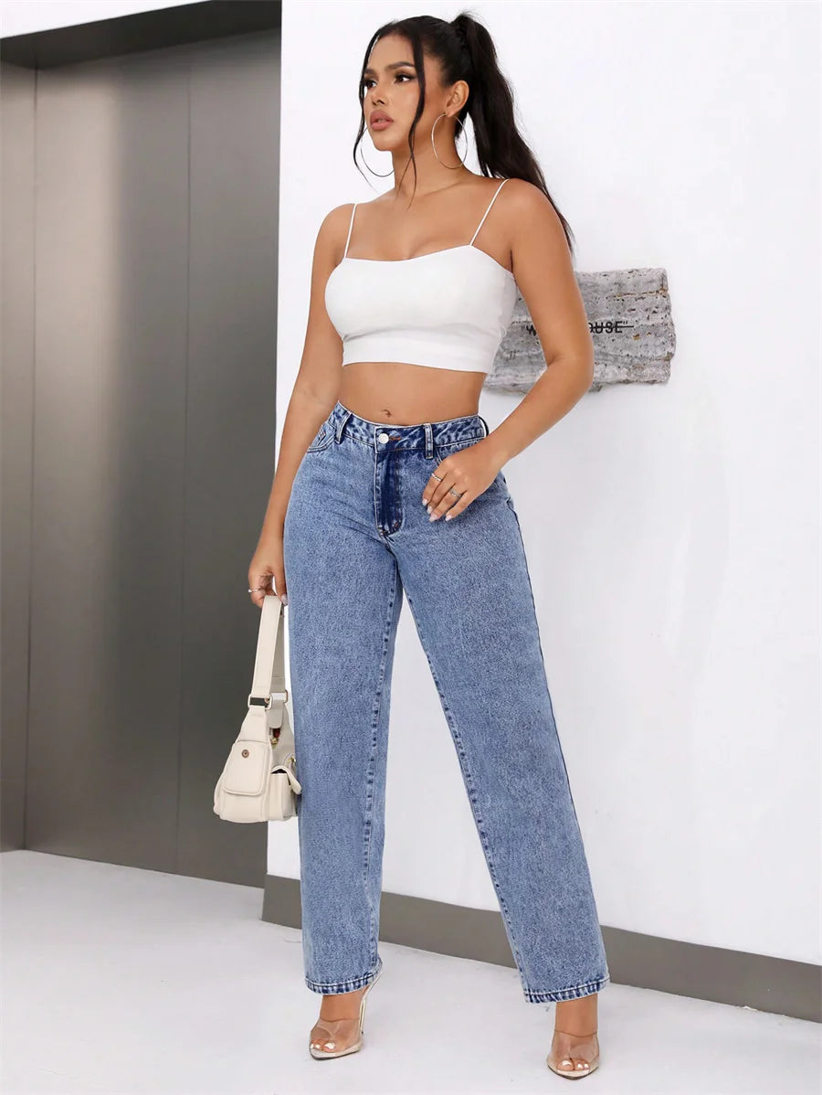 Benuynffy Vintage Blue Mid Waisted Jeans Women's American Casual Mom Pants Streetwear Fashion Denim Straight Long Trousers - reetell