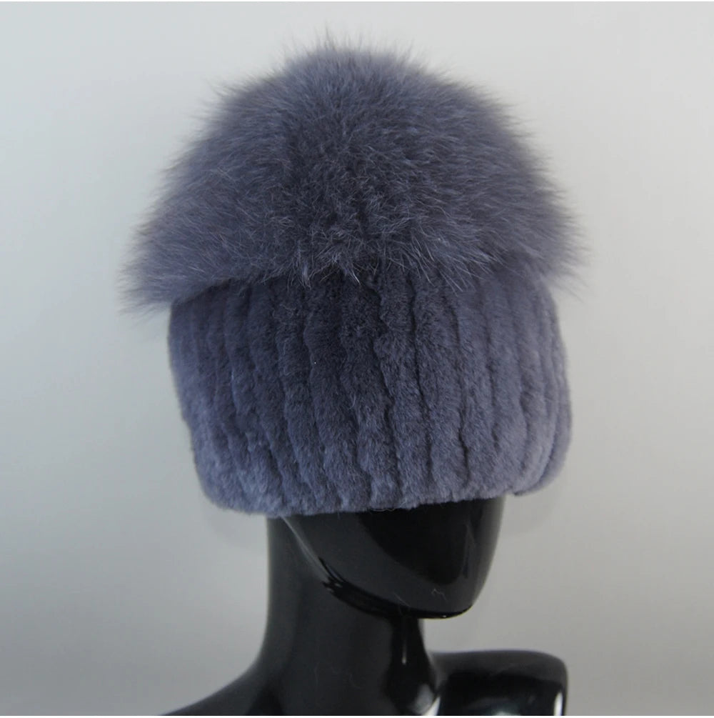 2024 Lady Winter Real Fur Hats Women Warm Knitted Genuine Rex Rabbit Fur Hat Top Natural Fox Fur Bomber Caps Rex Rabbit Fur Cap - reetell