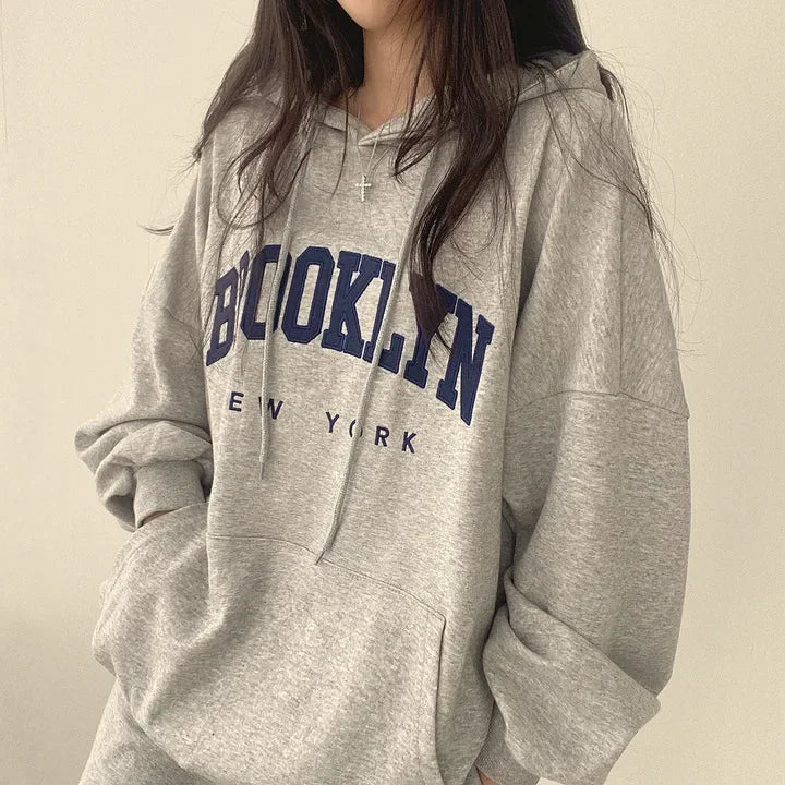 BROOKLYN Letter Print Hoodies Women Retro Chic Long Sleeve Loose Pullovers 2024 Harajuku Casual Hooded Sweatshirt Y2K Streetwear - reetell