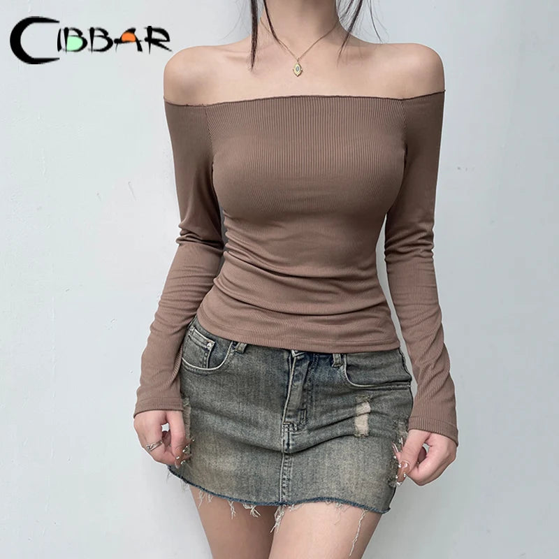 CIBBAR Solid Slash Neck Crop Top Women Off Shoulder Long Sleeve Skinny T-shirt Harajuku y2k Femme Clothing Autumn Casual Shirts - reetell