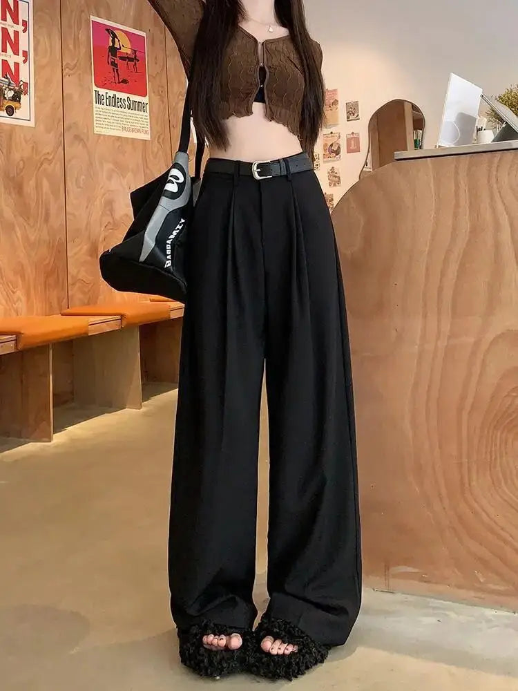 QWEEK Elegant Baggy Gray Suits Pants Woman Oversized Office Ladies Casual Korean Fashion Classical Trousers High Waist Summer - reetell