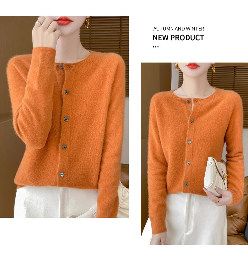 100% Merino Wool Long Sleeve Sweaters Cashmere Cardigan Spring Autumn Women O-Neck Knitwear Tops Clothing Fashion Basic Tops - reetell