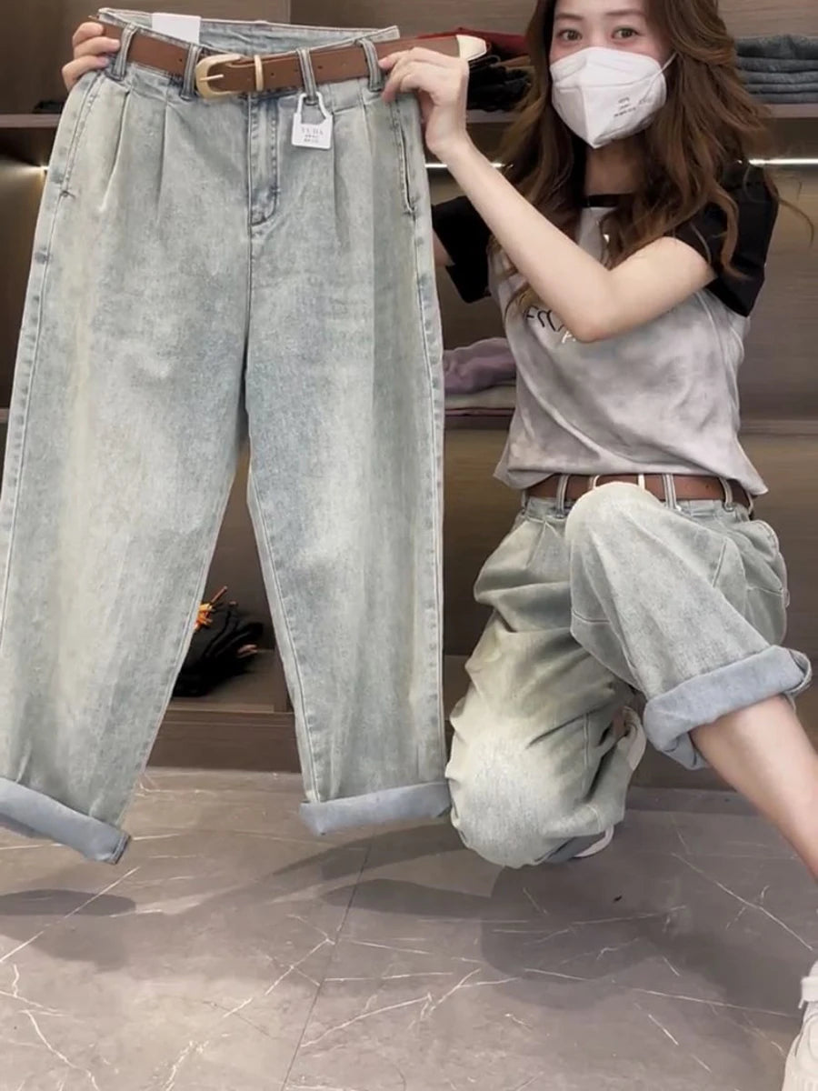 Y2k Pear-shaped Body Slight Fat Wear With Large Size Jeans Children 2023 New Summer Thin Nine Points Harlan Daddy Pants - reetell