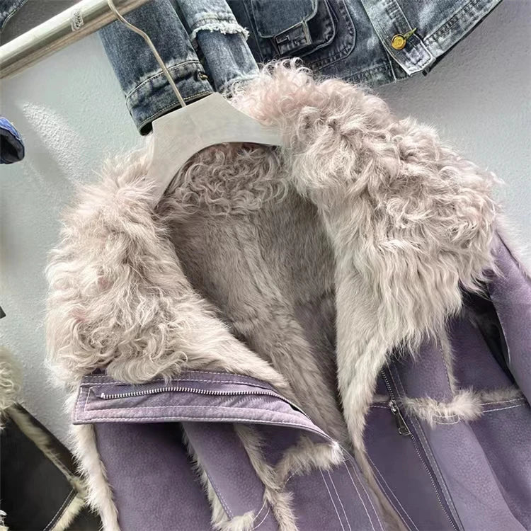 2024 Winter Short Style Fur Women Sheepskin Jacket Tanned Suede Luxury With 100%Natural Rabbit Lining Luxury Fashion Fur Coat - reetell