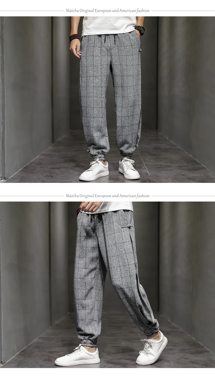 Cotton Linen Pants for Men New Trend Disc Buckle Hallen Pants Man Spring Summer Comfortable Breathable Casual Pants