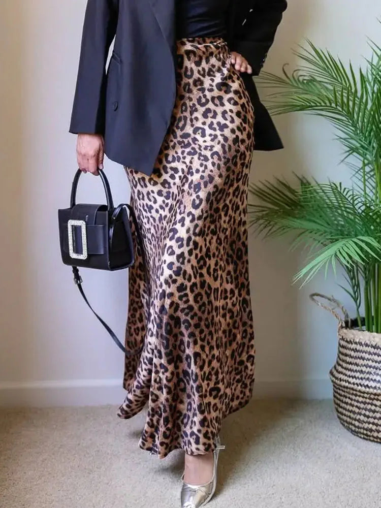 MiuKoMiYa Autumn Satin Leopard Print Maxi Skirt Women High Waist A Line Office Slim Long Leopard Skirt For Women Elegant 2024 - reetell