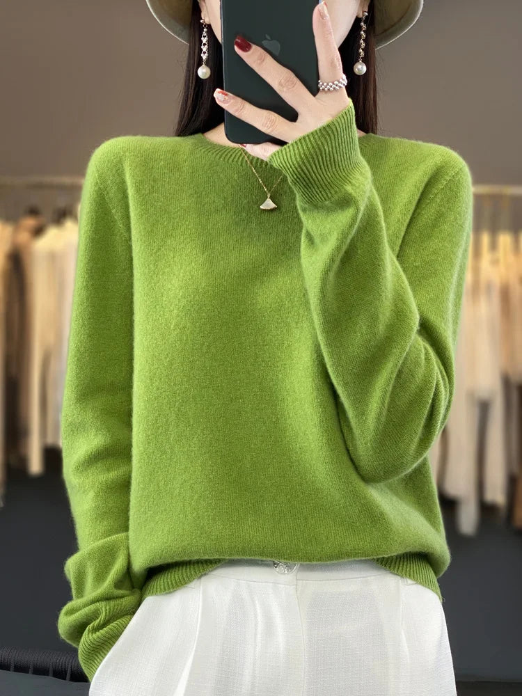 100% Merino Wool Sweater Women  Cashmere Pullover Knitwear Autumn Winter O-neck Solid Color Fashion Basic Female Clothes Tops - reetell