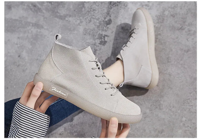 Soft Sole Single Shoes Spring and Autumn Flat Sole Women's Shoes Retro Single Layer High Top Frosted Leather  Ankle Boots Women