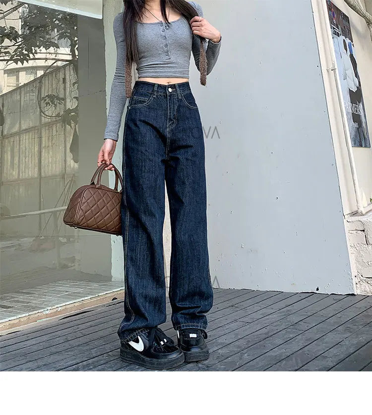 ZOENOVA High Waist Straight Women's Jeans 2024 Spring Korean Fashion Ladies Simple Versatile Loose Dark Blue Wide Leg Trousers - reetell