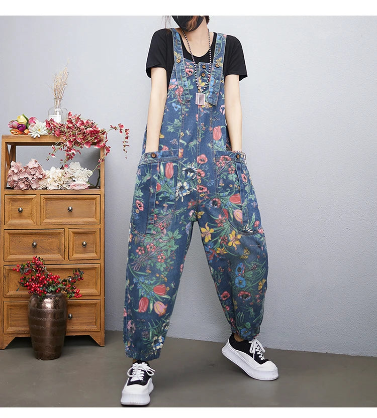 Fashion Streetwear Print Floral Denim Jumpsuit Women Casual Loose Wide Leg Pants Rompers Big Size Pockets Straps Jeans Overalls