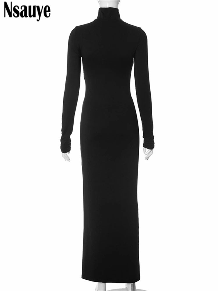 Nsauye Elegant Dress Winter 2023 Women Turtleneck High Split Bodycon Long Fashion Sexy Hollow Out Evening Club Dress Party Night - reetell