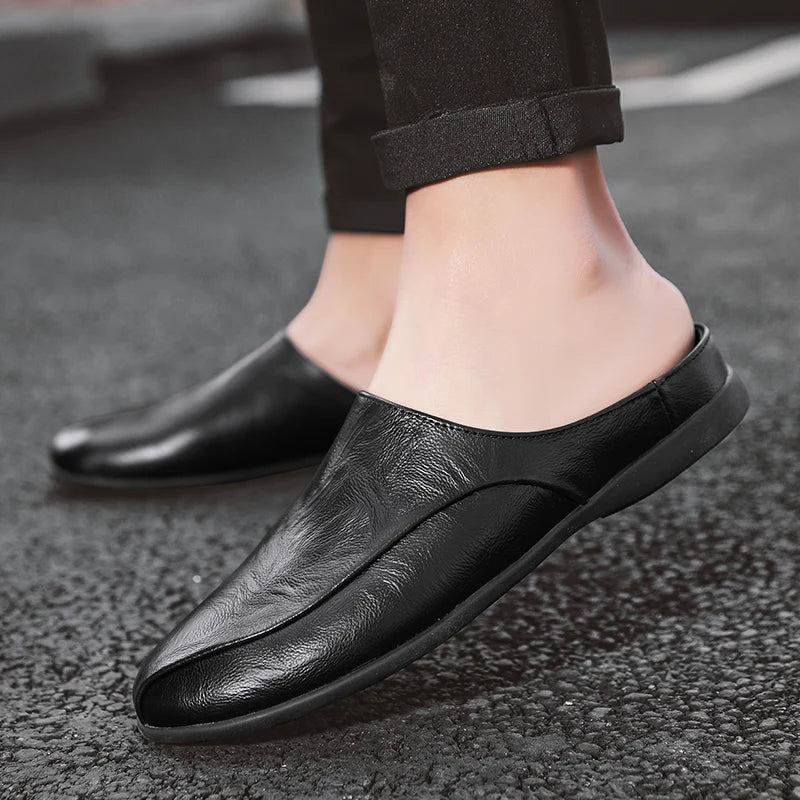 Summer Men Shoes Casual Fashion Mens Loafers Genuine Leather Half Slipper Breathable Slip on Lazy Driving Shoes Men