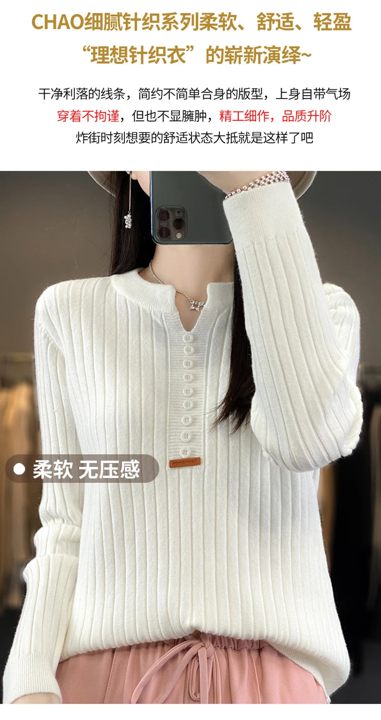 Women's Sweater Autumn/Winter New Solid Color Knitwear V-Neck Pullover Ladies Clothes Fashion Blouse Korean Style Loose Tops - reetell