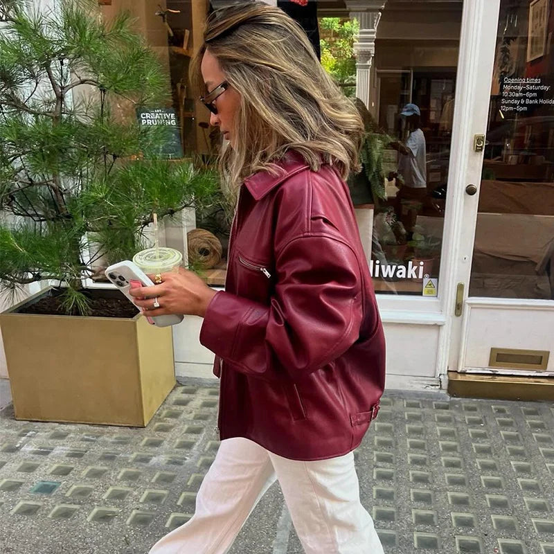 Elegant Burgundy Faux Leather Jackets Women Fashion Lapel Zipper Long Sleeve Female Coats 2024 Autumn Winter Lady Street Outwear