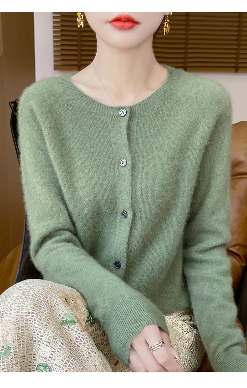 100% Merino Wool Long Sleeve Sweaters Cashmere Cardigan Spring Autumn Women O-Neck Knitwear Tops Clothing Fashion Basic Tops - reetell