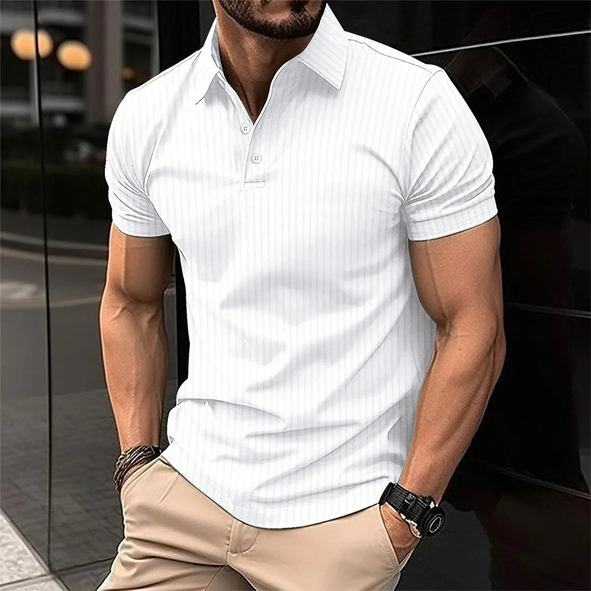 Summer men's polo shirt solid color button short sleeve striped lapel T-shirt casual breathable top men's wear Color Black S-3XL