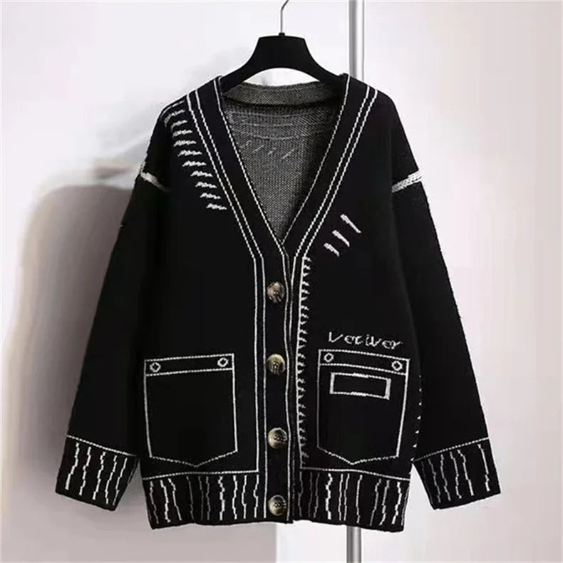 Y2K Cardigan Women Print Graffiti Top Long Sleeve Loose V-neck Sweater Autumn Winter Streetwear Knitted Female Cardigans Coat - reetell