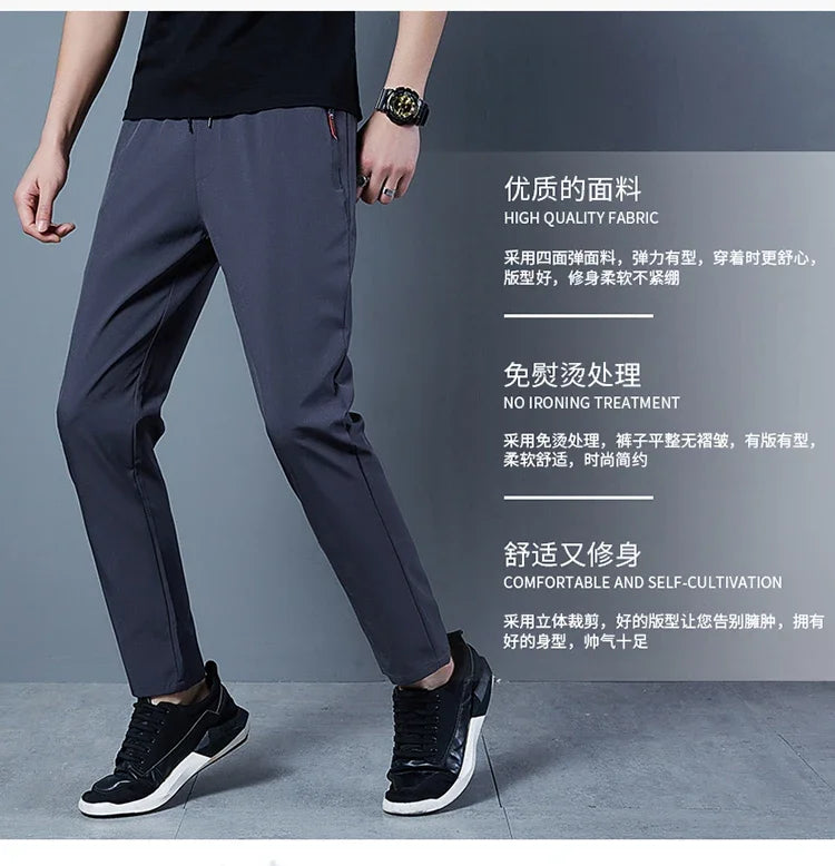 Men's Casual Pants Business Stretch Slim Fit Elastic Waist Jogger Korean Classic Blue Black Gray Male Brand Trousers - reetell