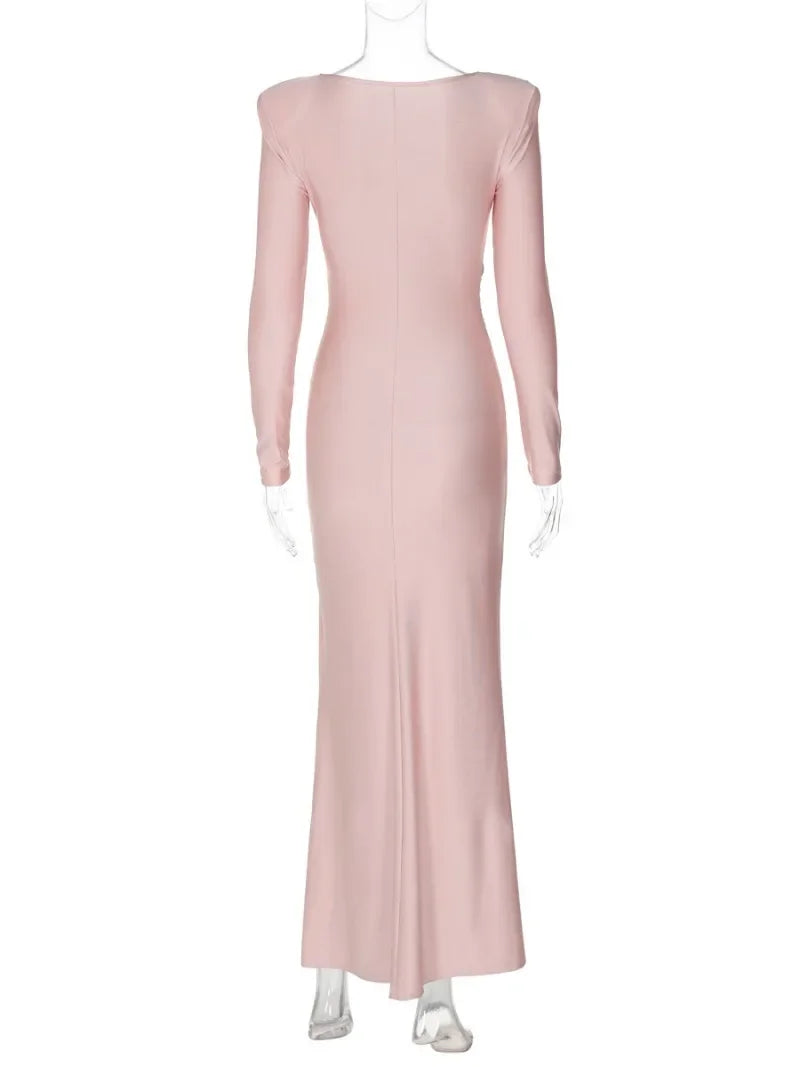 Elegant High Waist Folds Long Maxi Pink Dresses for Women 2024 Fall O-neck Long Sleeve Tunics Slim Solid Party Evening Dress - reetell